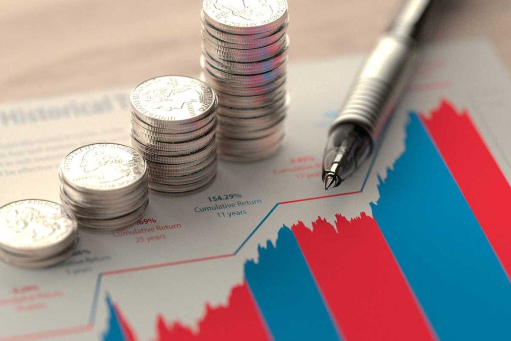 Investing in financial market depicted with coins and graph